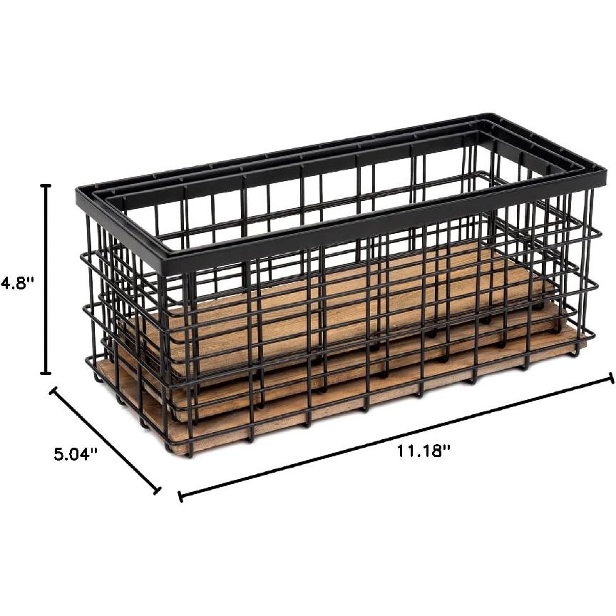 TIEYIPIN Farmhouse Decor Metal Wire Storage Baskets, Wood Base Containers Organizing Basket Caddy Bin for Kitchen Cabinets, Bathroom, Pantry, Garage,