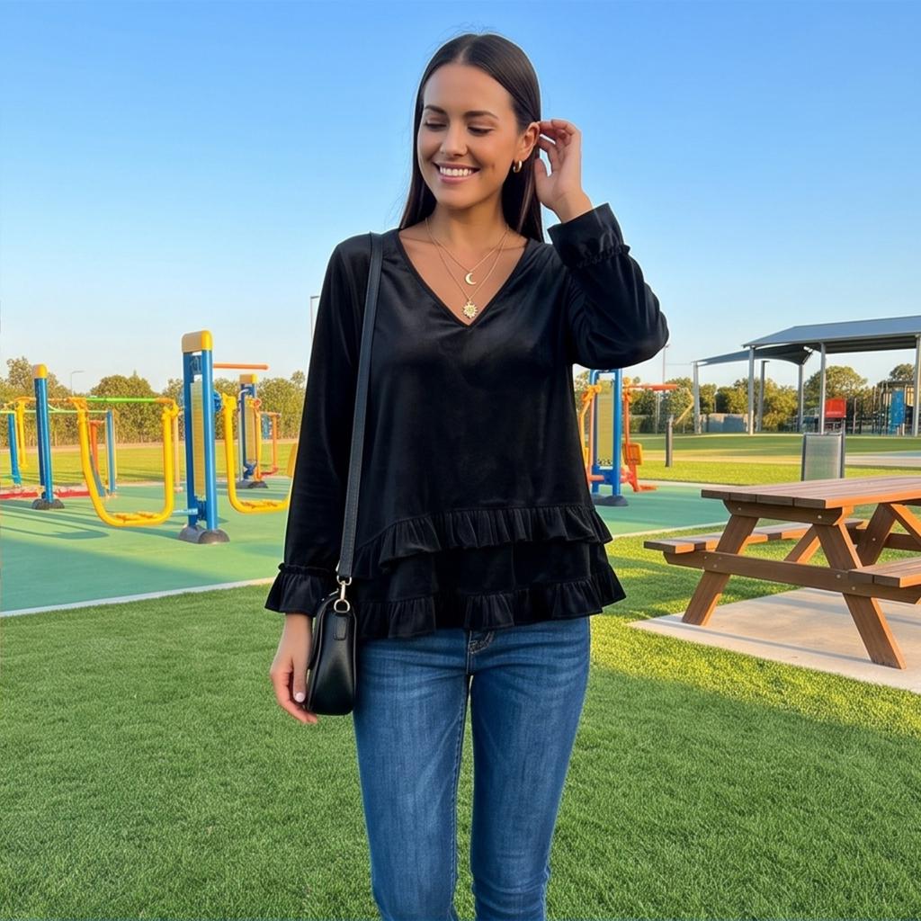 Women's Velvet V-Neck Top - Color Casual Blouse for Everyday Wear