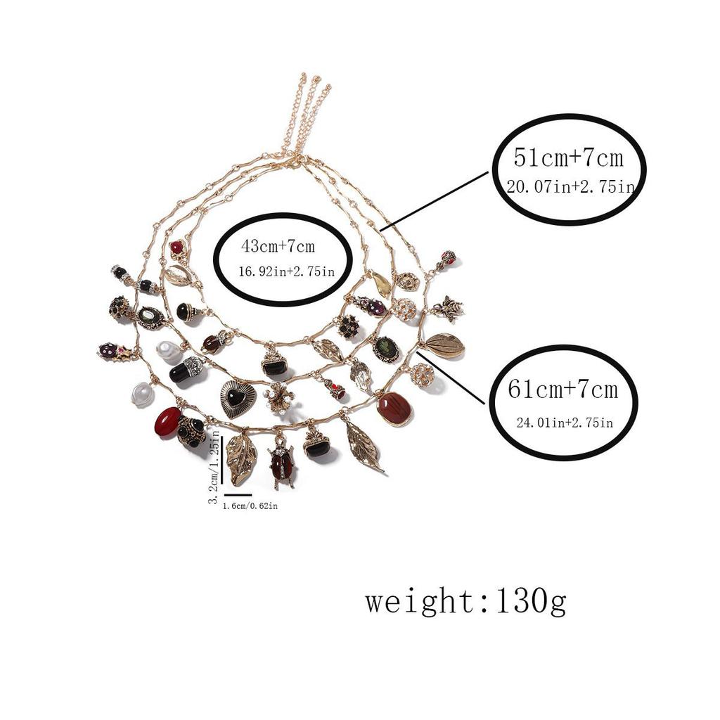 European, American and Medieval Multi-layer Stacking Design Sense Retro Pendant Insect Leaf Love Geometry Necklace