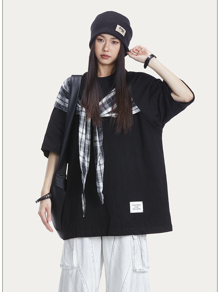 American Trendy Women's Cotton Bow Patch Short-Sleeve Loose T-Shirt - Niche Summer Round Neck Design.