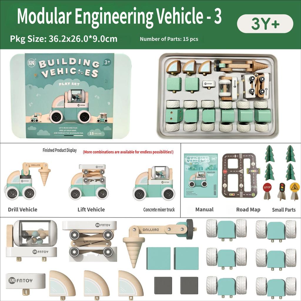 Wooden Children'S Engineering Vehicle Boy'S Variety Assembled Building Blocks Toy Car Set School Gift-Giving Educational Toys
