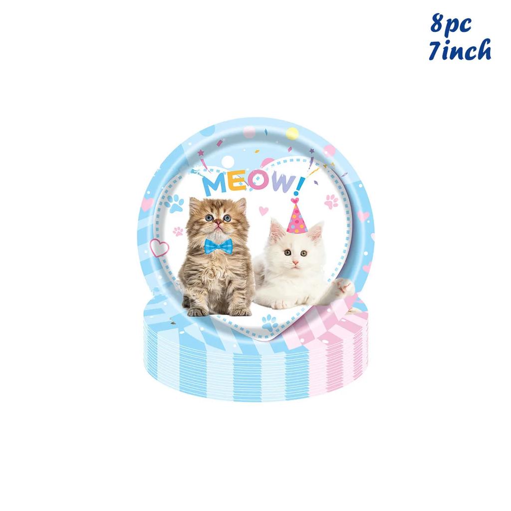 8Guests Cat Theme Birthday Disposable Tableware Cat Plates Cups Napkins Girls Happy Kitty Theme One 1st Birthday Party Decor