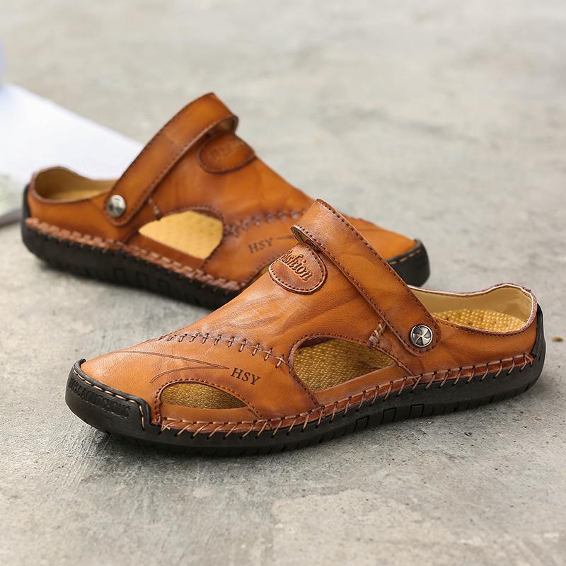 Leder Männer Wasser Strand Sandalen Sommer Outdoor Casual Closed Toe Sport Sandalen Nicht-slip Weiche Wandern Waten Turnschuhe