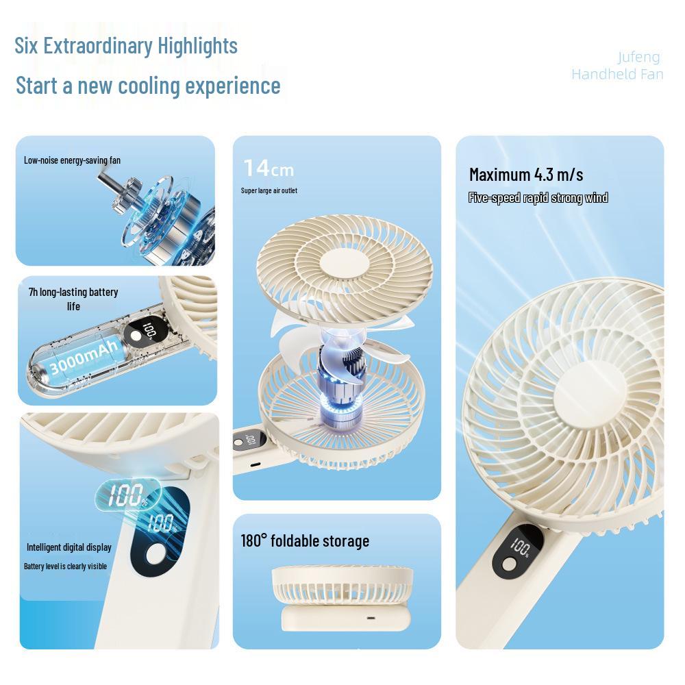 

6-inch Portable Handheld Fan with Digital Display, Long Battery Life, USB Charging, and Foldable Design Glossy Black