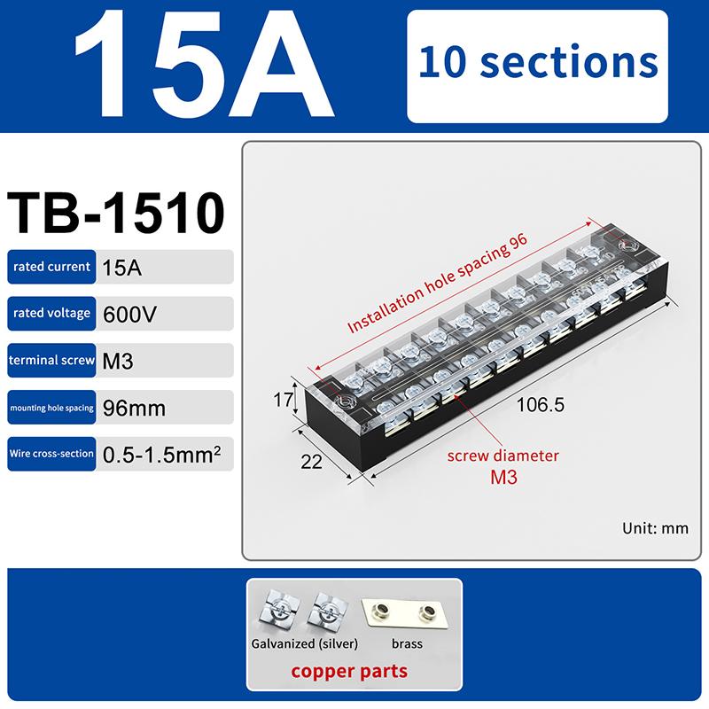 1Pcs Dual Row Barrier Screw Terminal Block Wire Connector 15A 600V For Tb Series 3 4 5 6 8 10 12 15 Positions Ways