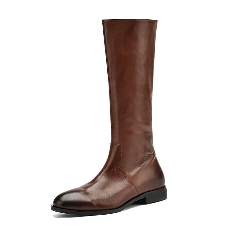 Autumn and winter women's leather knight boots middle heel square heel large size cowhide women's boots sleeve new versatile high boots women