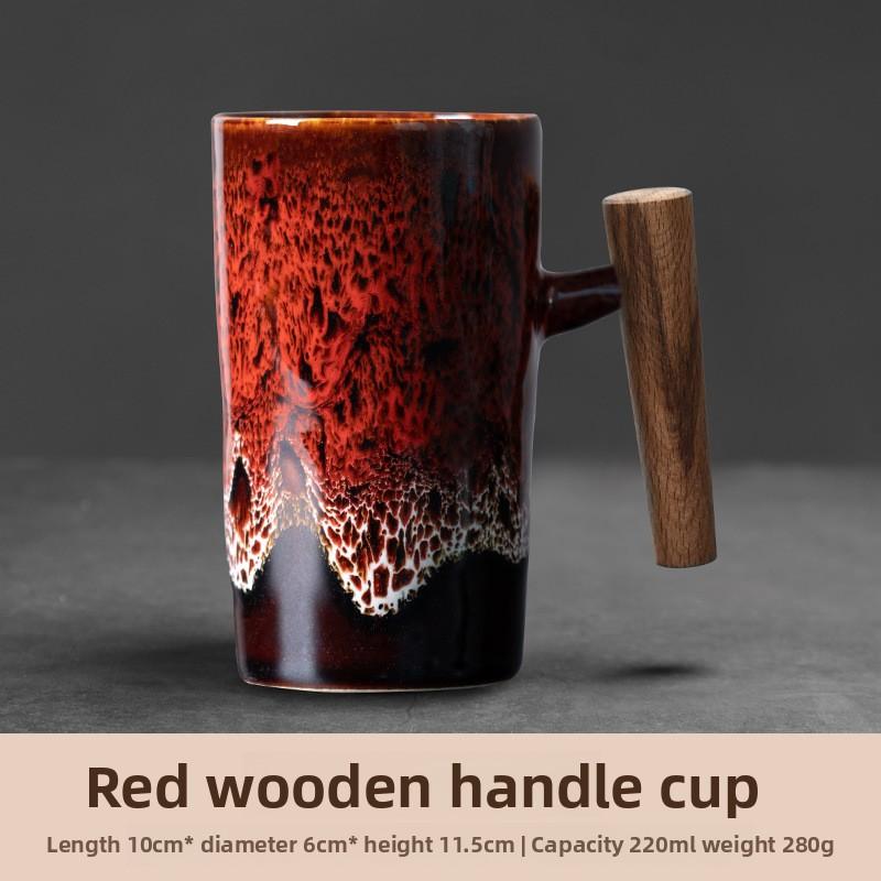 Vintage Ceramic Mug with Wooden Handle Japanese Style Coffee Cup for Couples Home Use