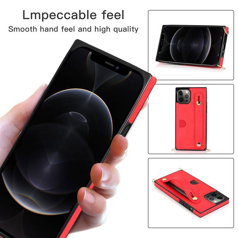 Suitable for Apple17promax Square wrist strap crossbody phone case iPhone16E Card-insert anti-drop protective leather case