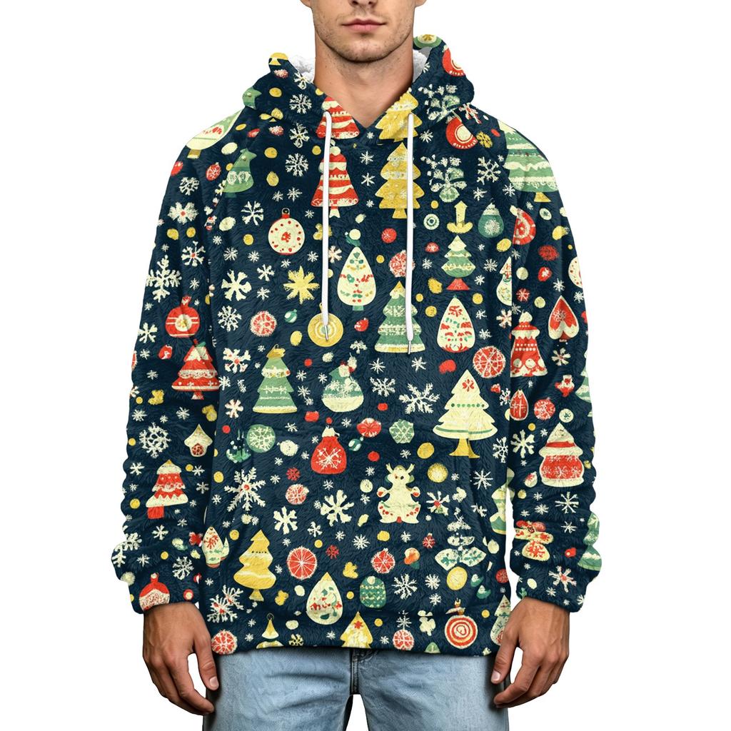 Men's Christmas Print Flannel Hoodie Plus Size Casual Hooded Sweatshirt for Fall and Winter