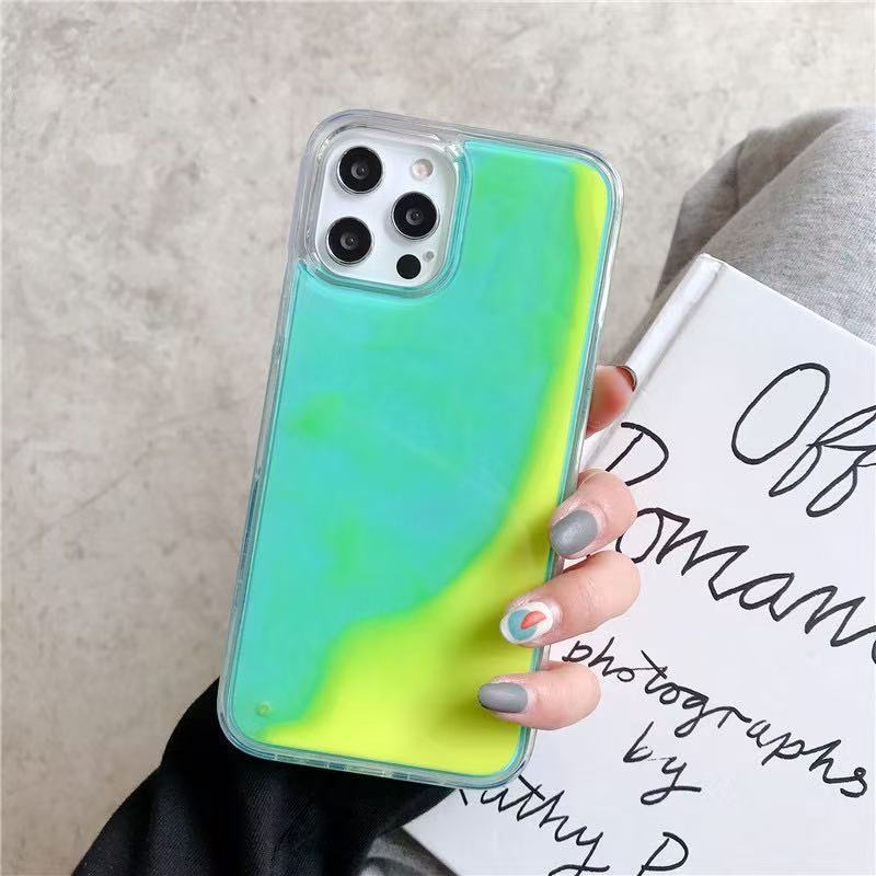 Neon Luminous Sand Liquid Phone Case for iPhone 16 Pro Max, Glow In Dark Gradient Fluorescent Cover