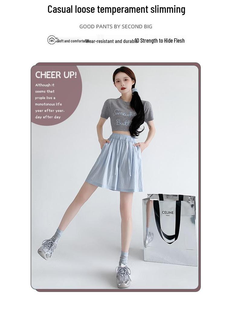 Women's High-Waist Blue Ice Silk Wide-Leg Shorts - Summer 2025 Mid-Length Casual Sportswear