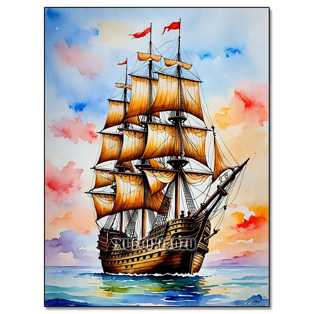 Akvarelllandskap Växtserie Diamantkonstmålning Dekoration Segelbåt Diy Full Strassmosaik Korsstygnsats Gåva
