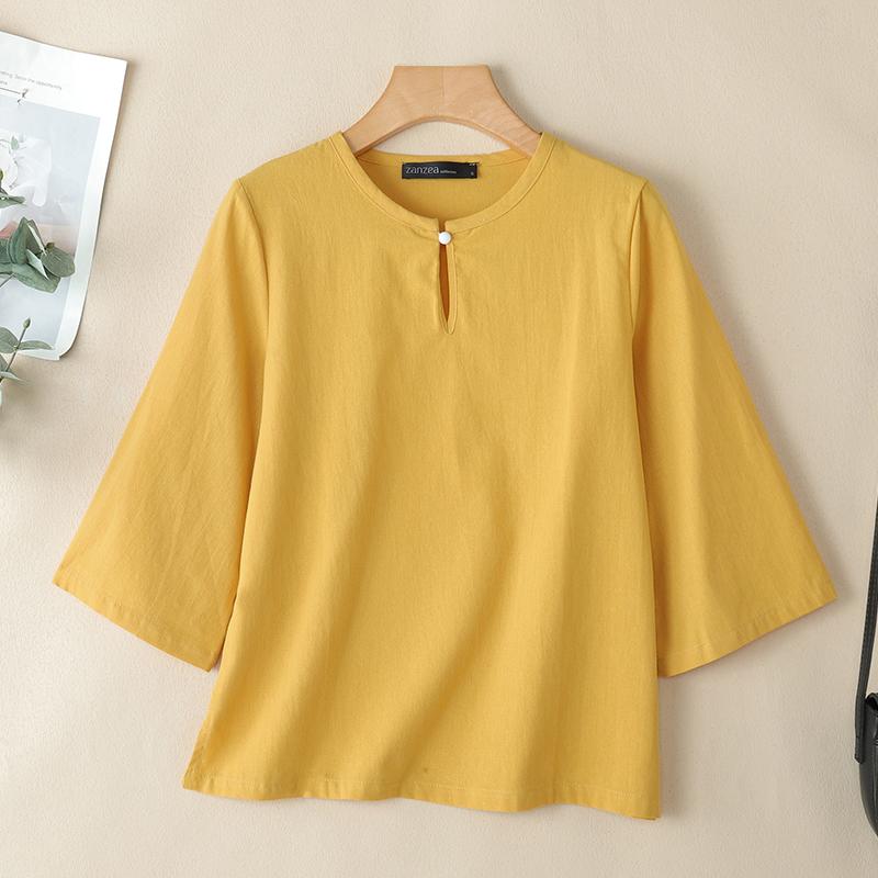 ZANZEA Blusa da donna a maniche 3/4 a girocollo in cotone ampio a tinta unita