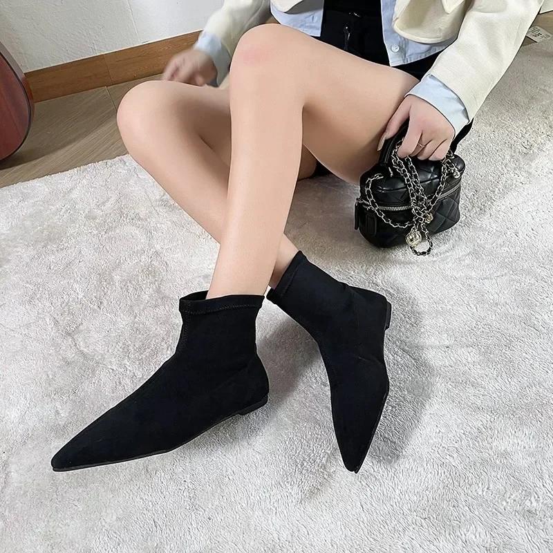 Women Pointed Toe Heels Shoes Sexy Designer Gladiator Short Boots Low Heels Mid Calf Rubber Sole Women's Botines Para Mujeres