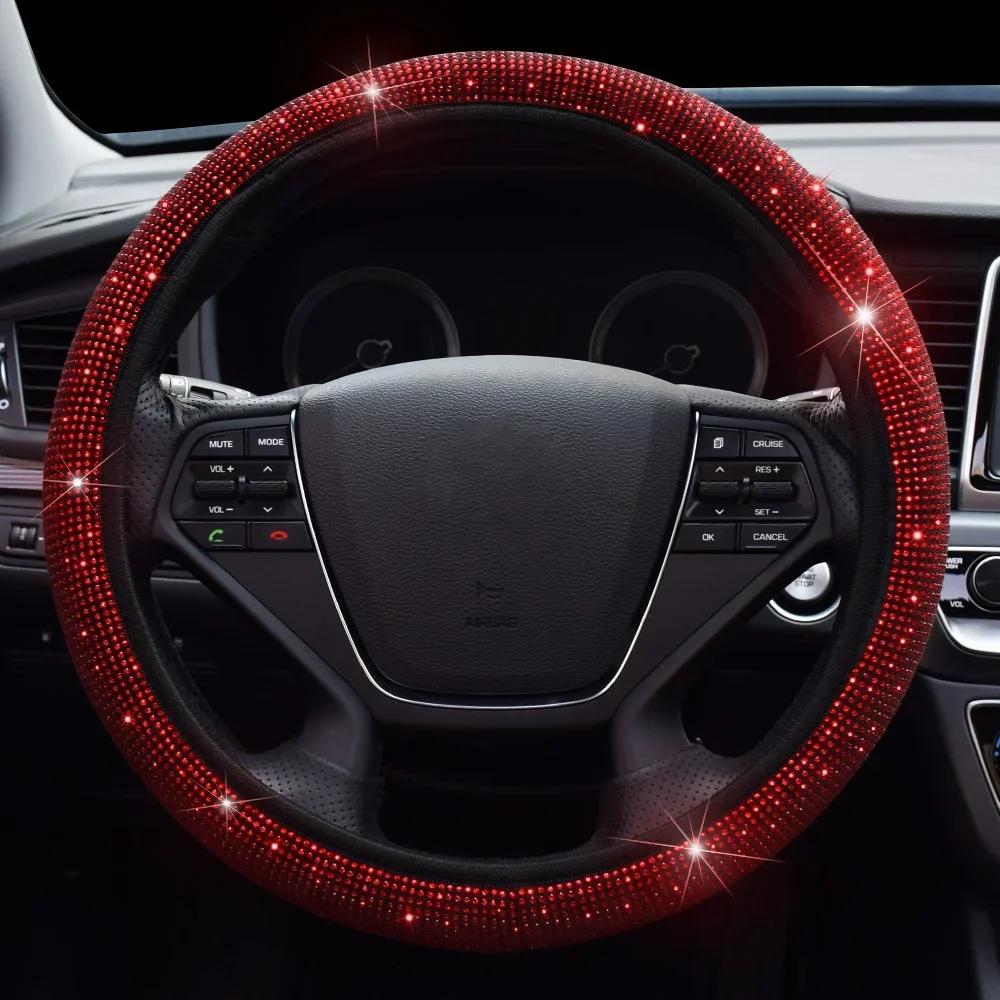 38cm Universal Car SUV Breathable Anti-Slip Bling Rhinestones Steering Wheel Cover for Women Girl with Crystal Diamond Sparkling. Red