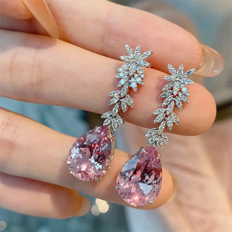 Huitan Aesthetic Women Drop Earrings Inlaid Sparkling Pink Pear CZ Elegant Party Engagement Accessories Gorgeous Trendy Jewelry