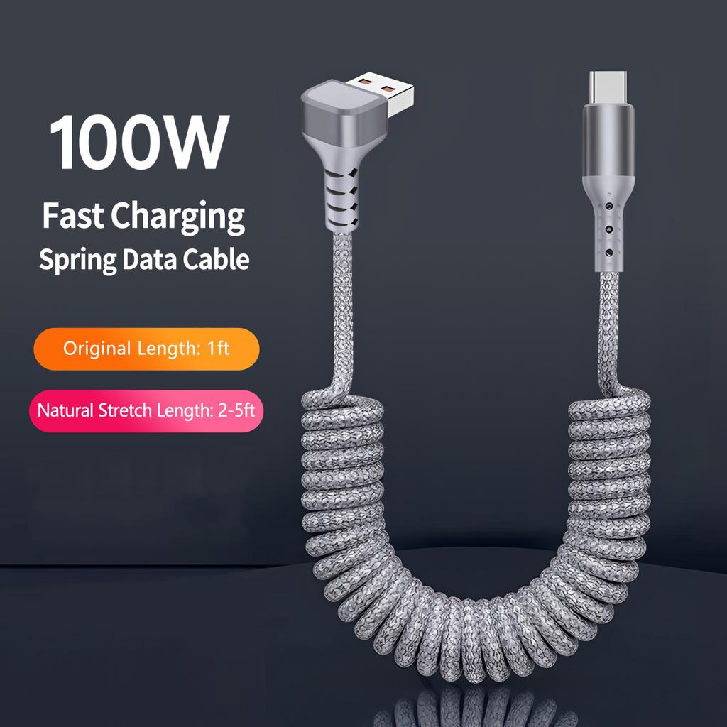 90 Degree Coiled USB-C Cable Stretchable Braided Fast Charging with Carplay for for iPhone 17 and Car Use