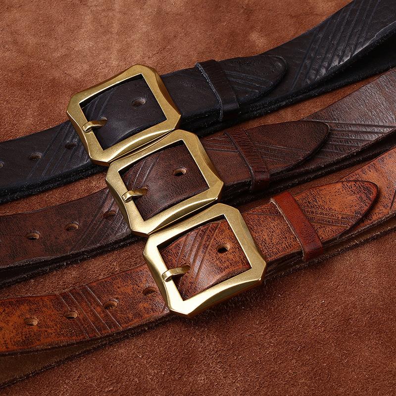 Belt Men's Vintage Heavy-Duty Washed Distressed Vegetable Tanned Full-Grain Leather Cowhide Leather Brass Buckle Trendy Unique Niche Belt