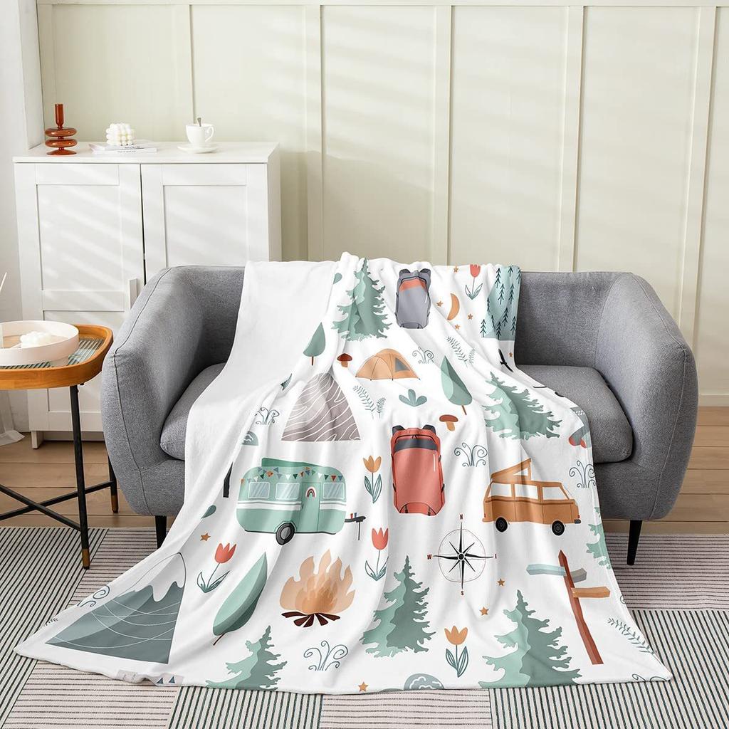 Cute Campervan Campfire Blanket Cartoon Food Digital Printed Flannel Blanket Rv Decorative Blanket