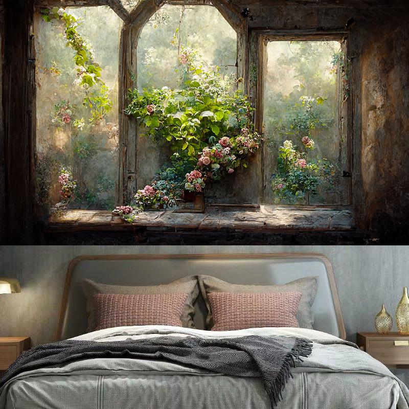 Vintage Garden Window Sill Floral Tapestry Wall Art Decoration Background Cloth Room Aesthetic  Home