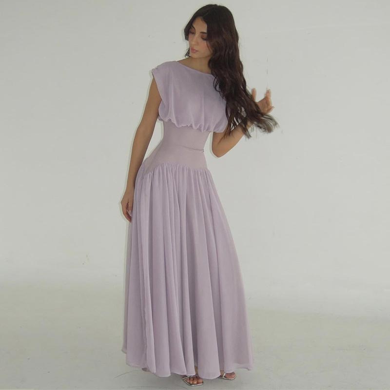 Buy Elegant Waist-cinching Light Purple Dress Women Slim O-neck Pleated  Dresses Chic Holiday Lady Evening Vestidos Summer at affordable prices   free shipping, real reviews with photos  Joom