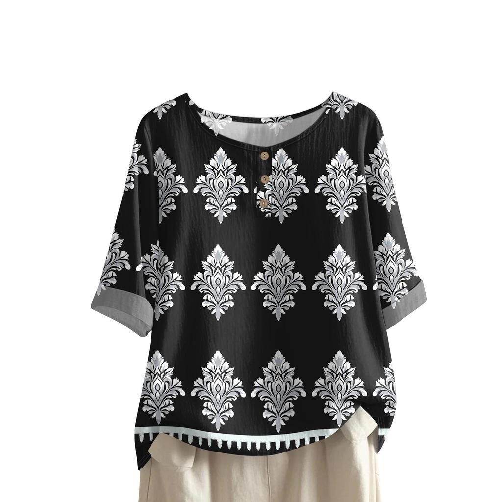 Women's Fashionable And Casual Shirt Half-sleeve Round Neck Print Cotton And Linen Blouse Top