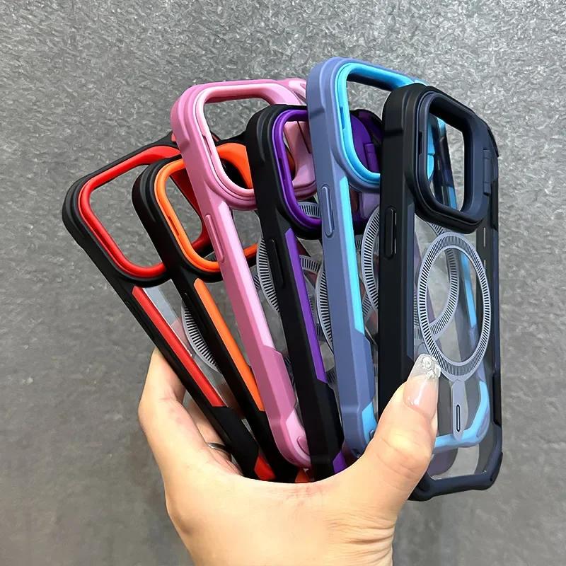Armor Fold Lens Stand Protection Magsafe Case For iPhone 16 13 12 14 15 Pro Max Plus Magnetic Wireless Charging Shockproof Cover