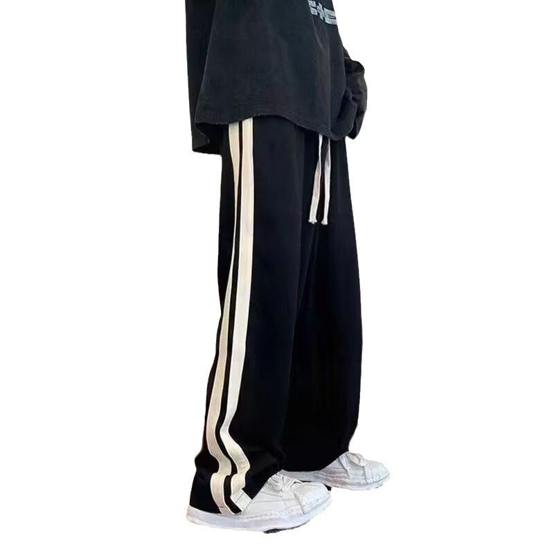 Men's Autumn Striped Patchwork Casual Pants - Hong Kong Style Trendy Loose Straight-Leg Wide-Leg Long Pants for Teenagers