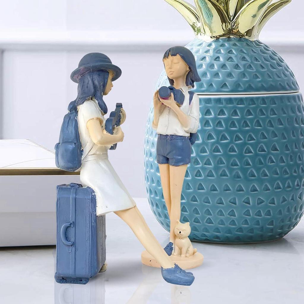 Cute and Elegant Girls Statue for Home Decor | Table Decor (Pack of 2, White & Blue)