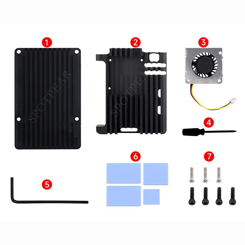 Pouzdro pro Raspberry Pi 5 z hliníkové slitiny pro odvod tepla s radiálním ventilátorem