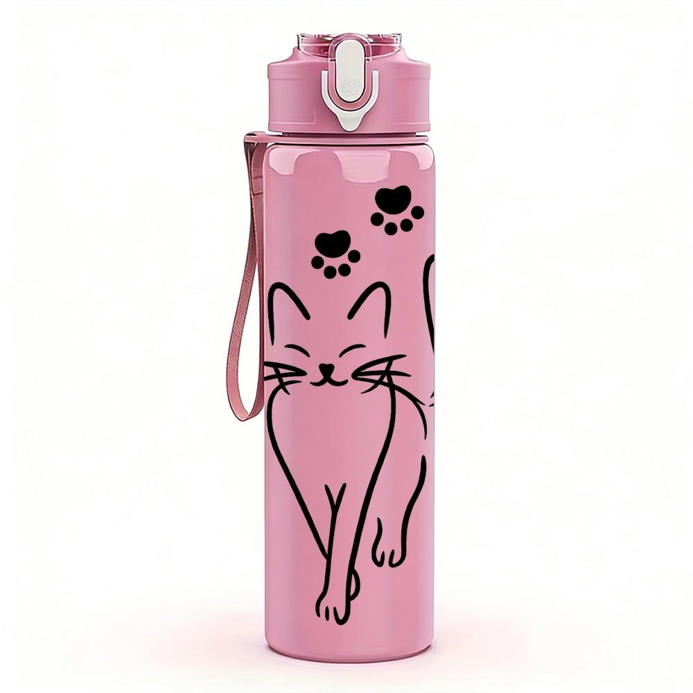 1PC Simple Cat Line Art 750ml Color Plastic Sports Water Bottle Leakproof Flip Straw Lid Suitable for Sports Office Home Use