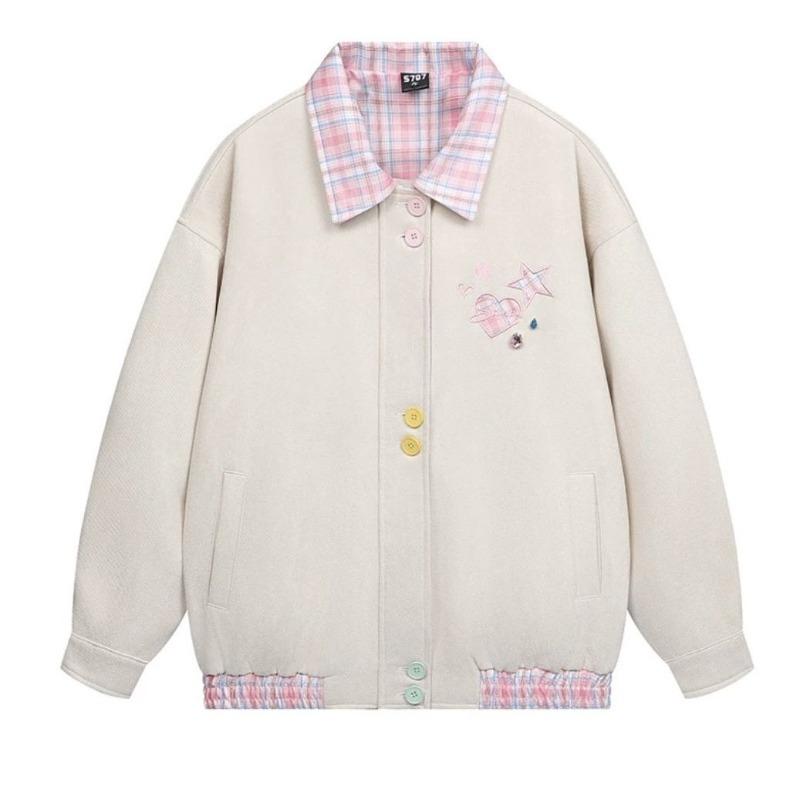 Star Contrasting Women's Hoodie Plaid Lapel Colored Button Sweatshirt Jacket Korean Casual Female Loose Long Sleeved Top