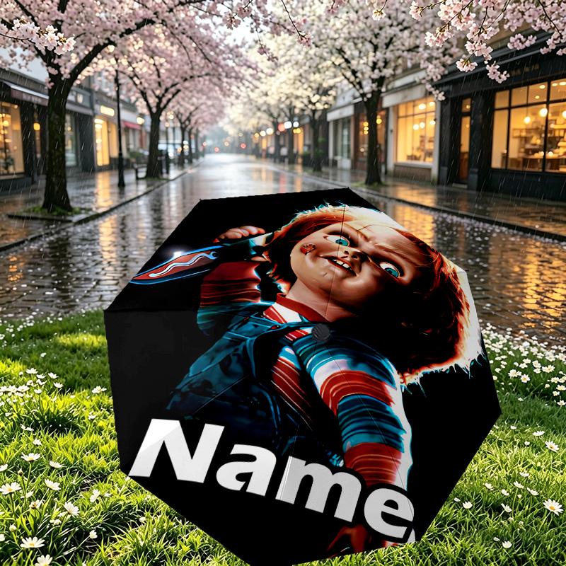 Custom Name Personalized Bride of Chucky Print Umbrella, Auto Open Close, 8‑Rib Sturdy Frame, Commute Camping Hiking Use, Birthday Gift