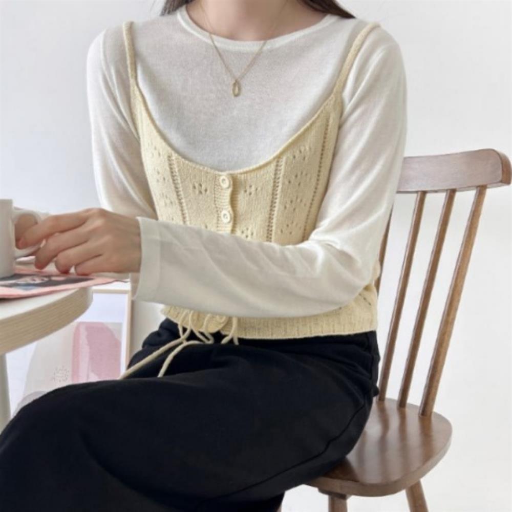 New Arrivals Open Run Women Wool Blend Punching Ribbon Crop Knit Bustier Vest