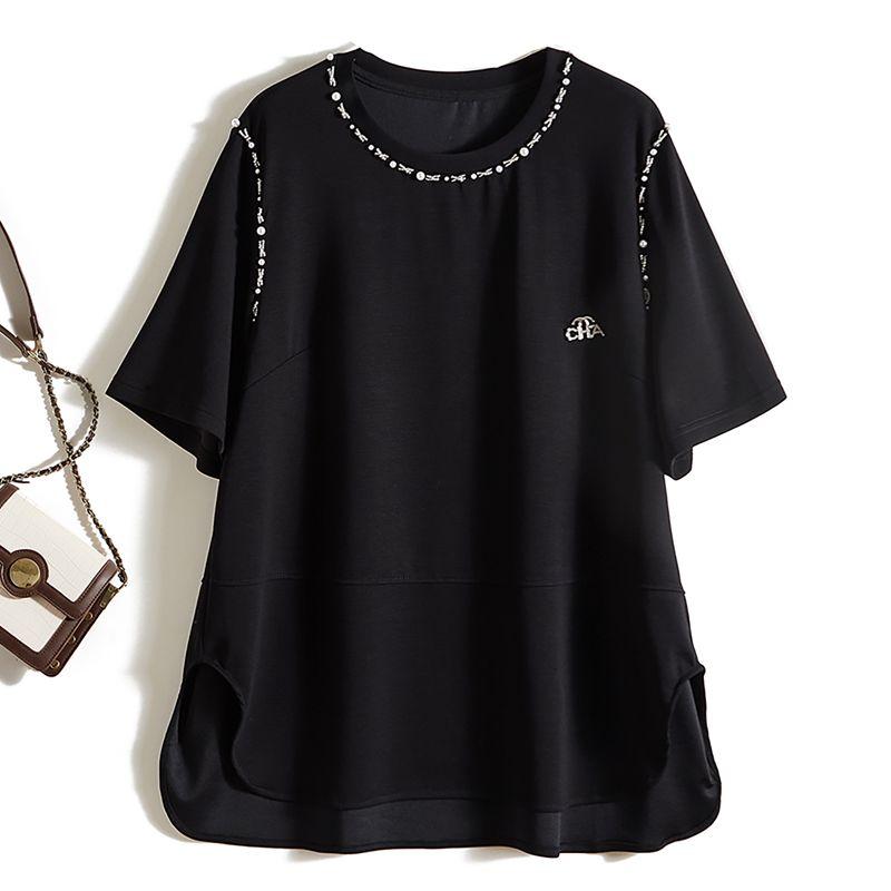 

Pay Attention to Luxury and Petty Bourgeoisie! Women s round Neck Manual Beaded Long Air Cotton Anti-Wrinkle Sweat-Absorbing Inclusive T-shirt Summer Black L