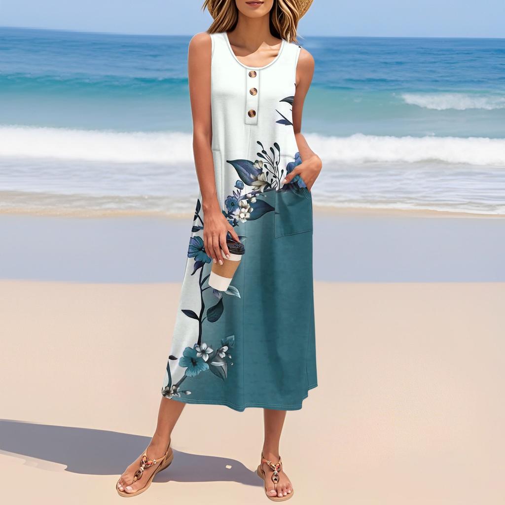 Women's Summer Floral Print Dress Sleeveless Button Down Casual Loose Long Beach Sundress
