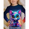 Spring and Autumn Round Neck 3D Cartoon Cat Printed Top Fashionable Casual Long Sleeved Children's Girl T-shirts
