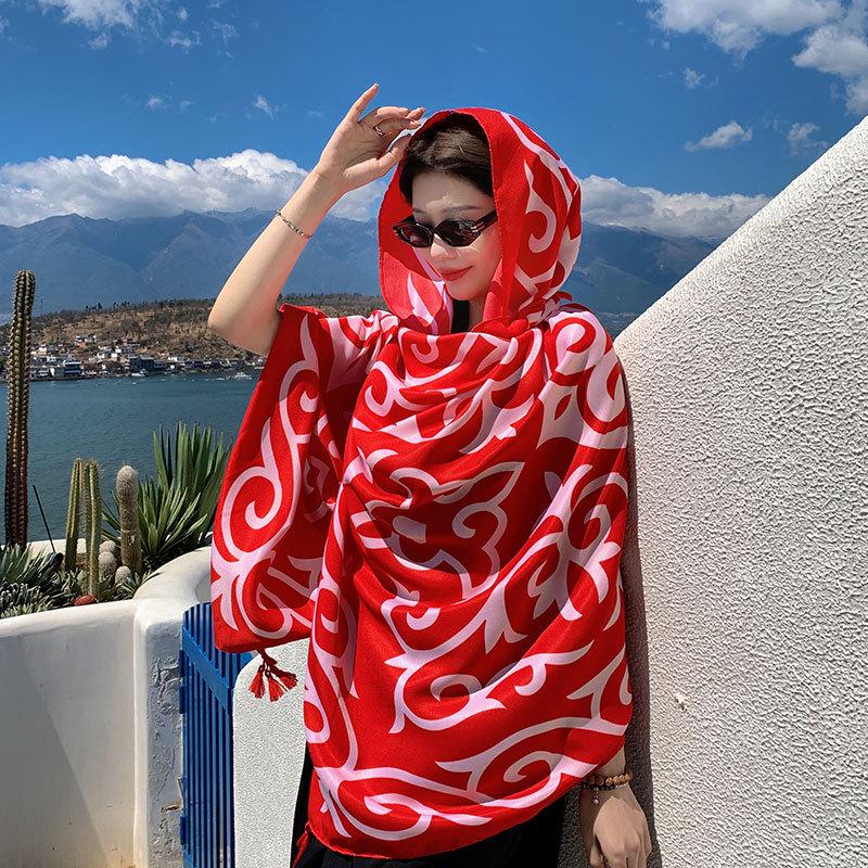 Ethnic Style Silk Scarf: Women's Sunscreen Shawl & Beach Towel