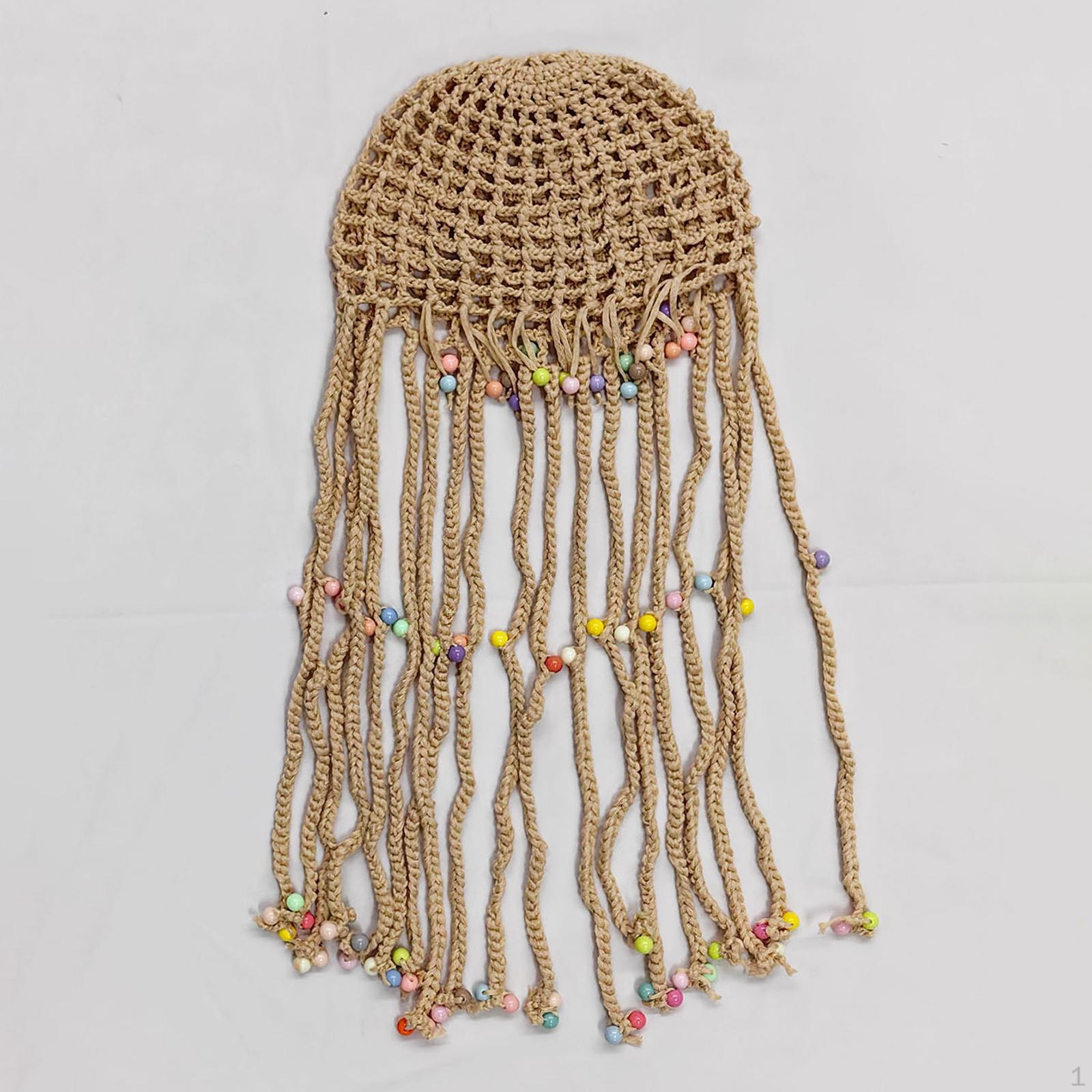 

Жіноча в язана гачком шапка-біні, богемський декор, декоративні коси з китицями, кольорові намистини, для дівчат, в язана Apricot Color