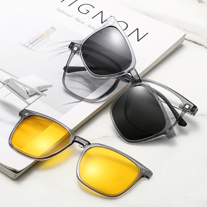 Prescription Glasses Transparent Grey Frame Myopia -0.5 To -10 Square Frame Magnetic Sunglasses Clip Blue Light Blocking 6 IN 1