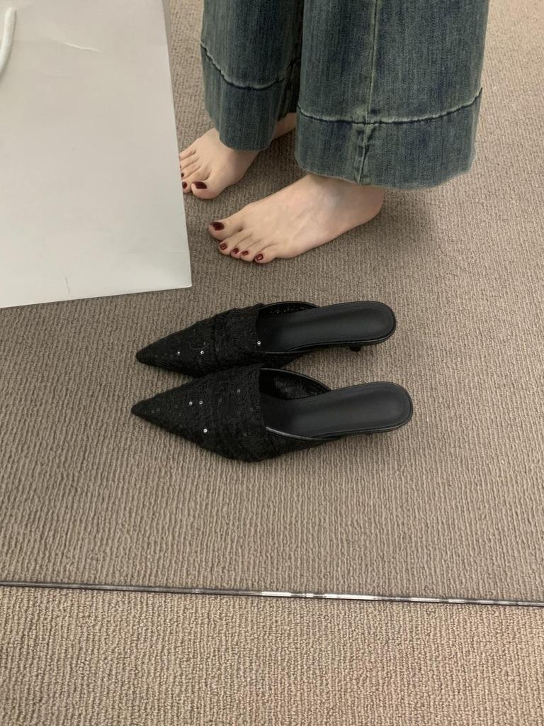 Breathable Lace Bag Head Half Slippers Women's Summer Wear French Beautiful Sandals 3cm Kitten and Pointed Muller Shoes