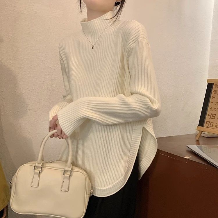 Women's Turtleneck Split Knitted Top Spring Korean Style Fashionable Loose Designed Long Sleeve Upper Garment