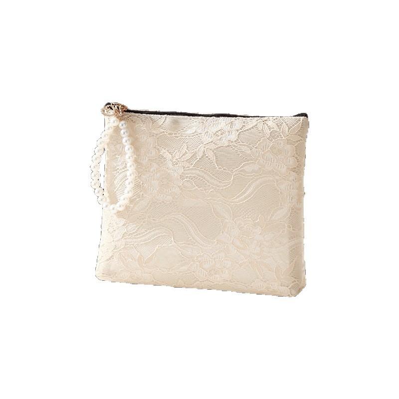 Lace Cosmetic Bag With Pearl Wrist Strap And Semi Transparent Design Perfect For Daily Makeup Storage Travel Use