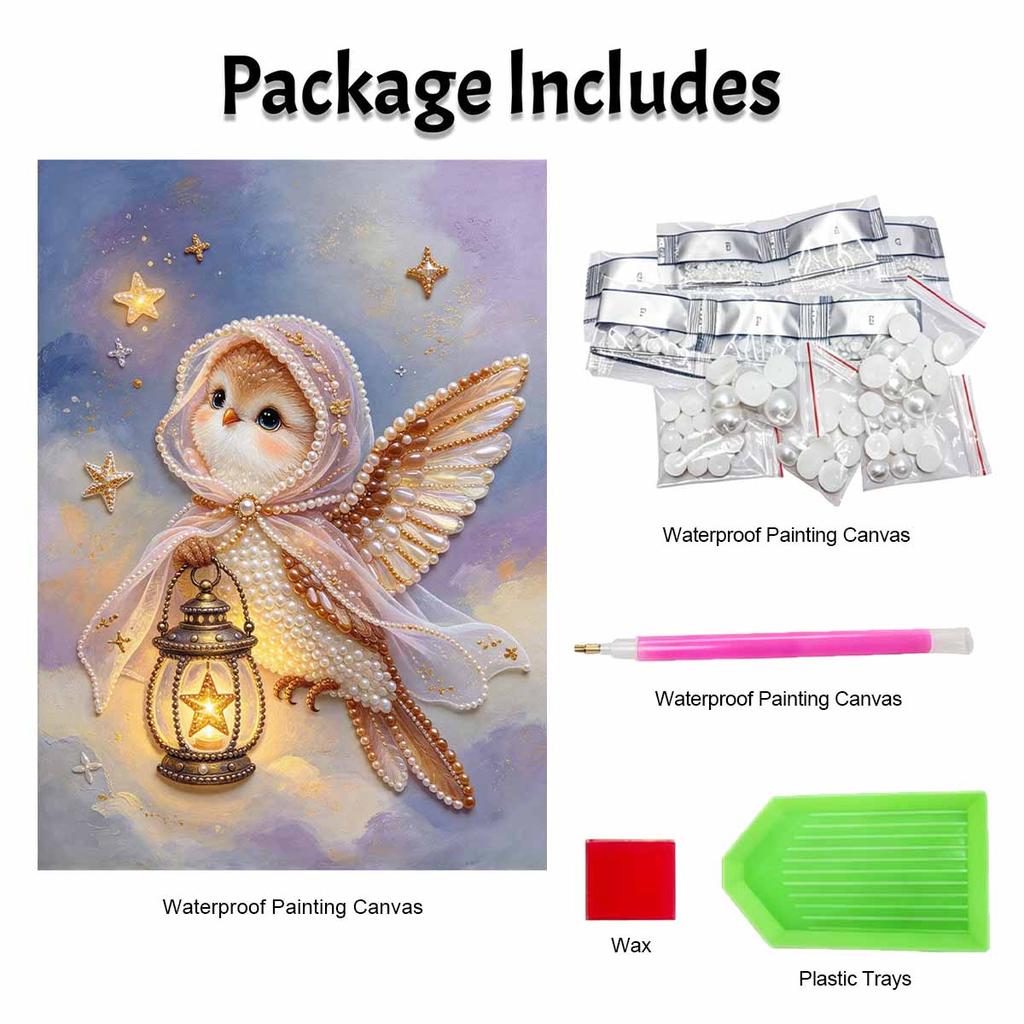 Handmade Framed Pearl Bead Painting Kit Cute Owl with Lantern Pattern 3D Shiny Canvas Art Ready to Display Home Decor Gift Idea