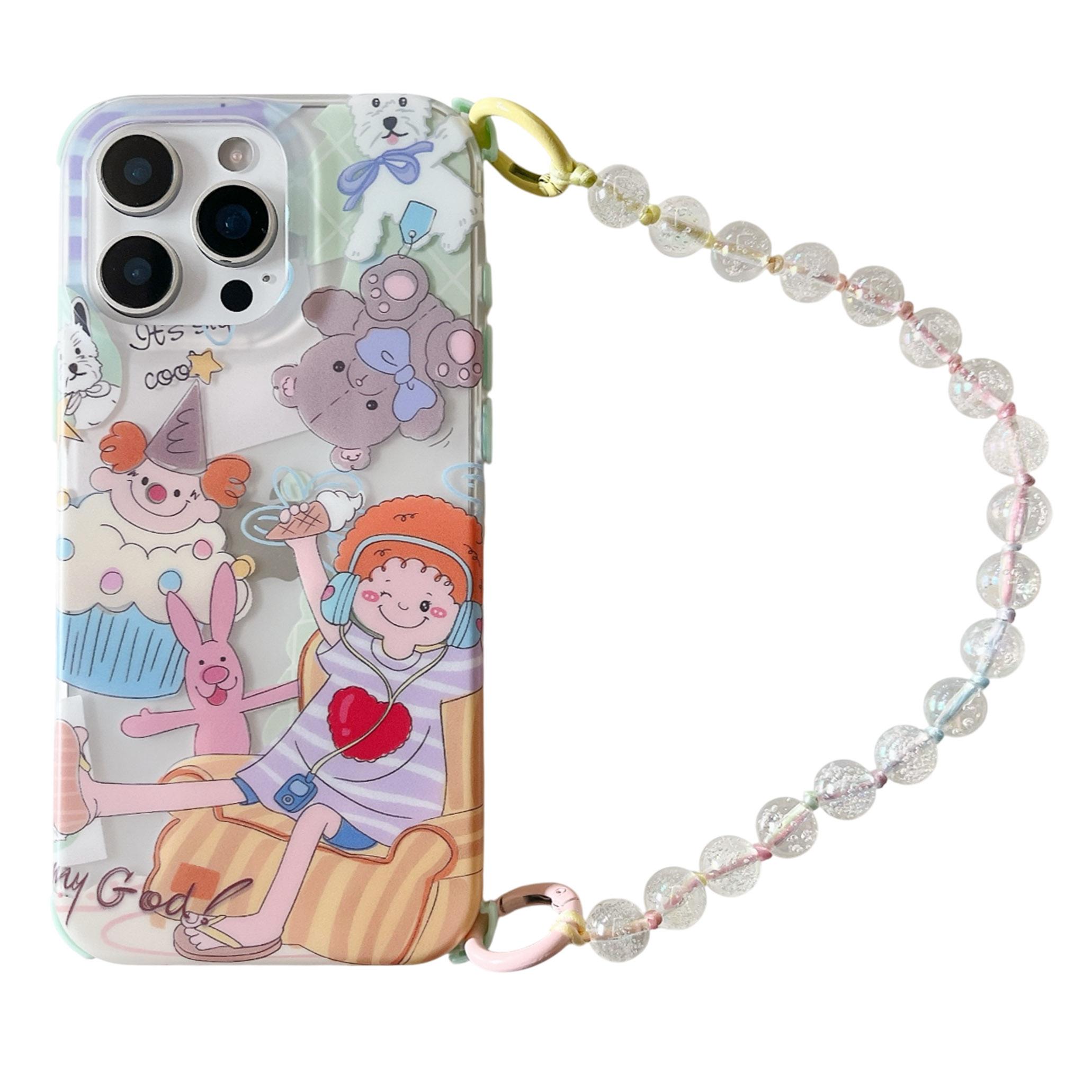 

For iPhone 15 Pro Case IMD Cute Music Girl TPU Phone Cover with Beaded Strap As Shown A