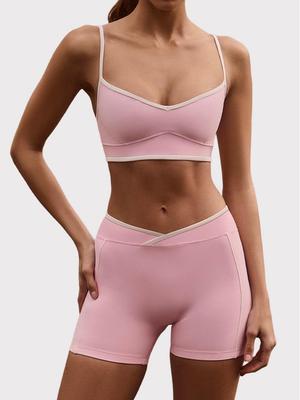 Set di Pantaloncini Fitness e Yoga a Blocco di Colore a Vita Alta Antiurto per Donna