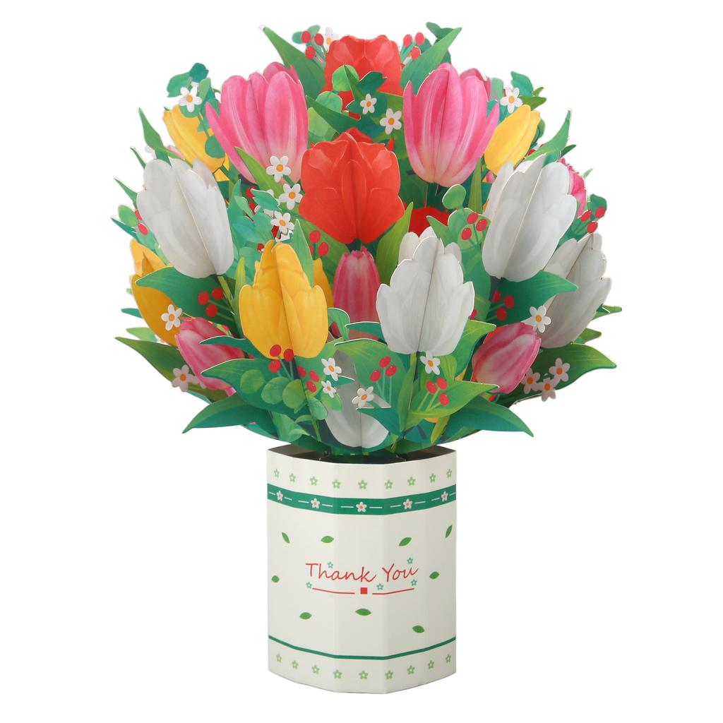 Flower Popping Up Card Vase Bouquet Style Thick Paper Vivid Colors 3D Greeting Cards for Party Anniv