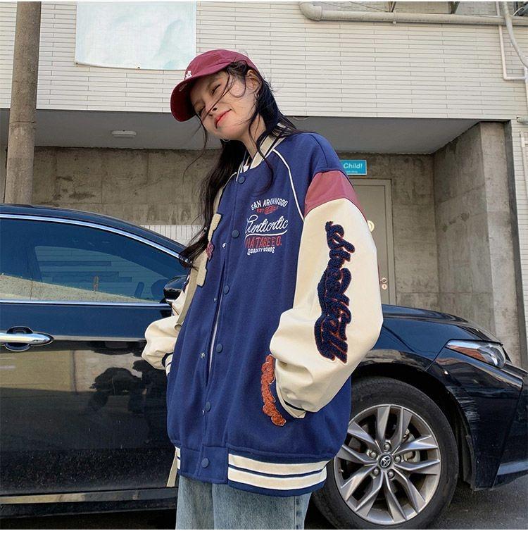 Jaqueta bomber vintage feminina, jaqueta de beisebol do time do colégio, harajuku, moda coreana, uniforme universitário, streetwear de grandes dimensões, y2k