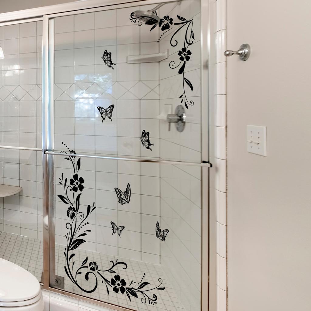 Simple Black Flowers, Butterflies, Vines, Mirrors, Glass Stickers, Home Bathroom Decoration, Self-Adhesive Wall Stickers