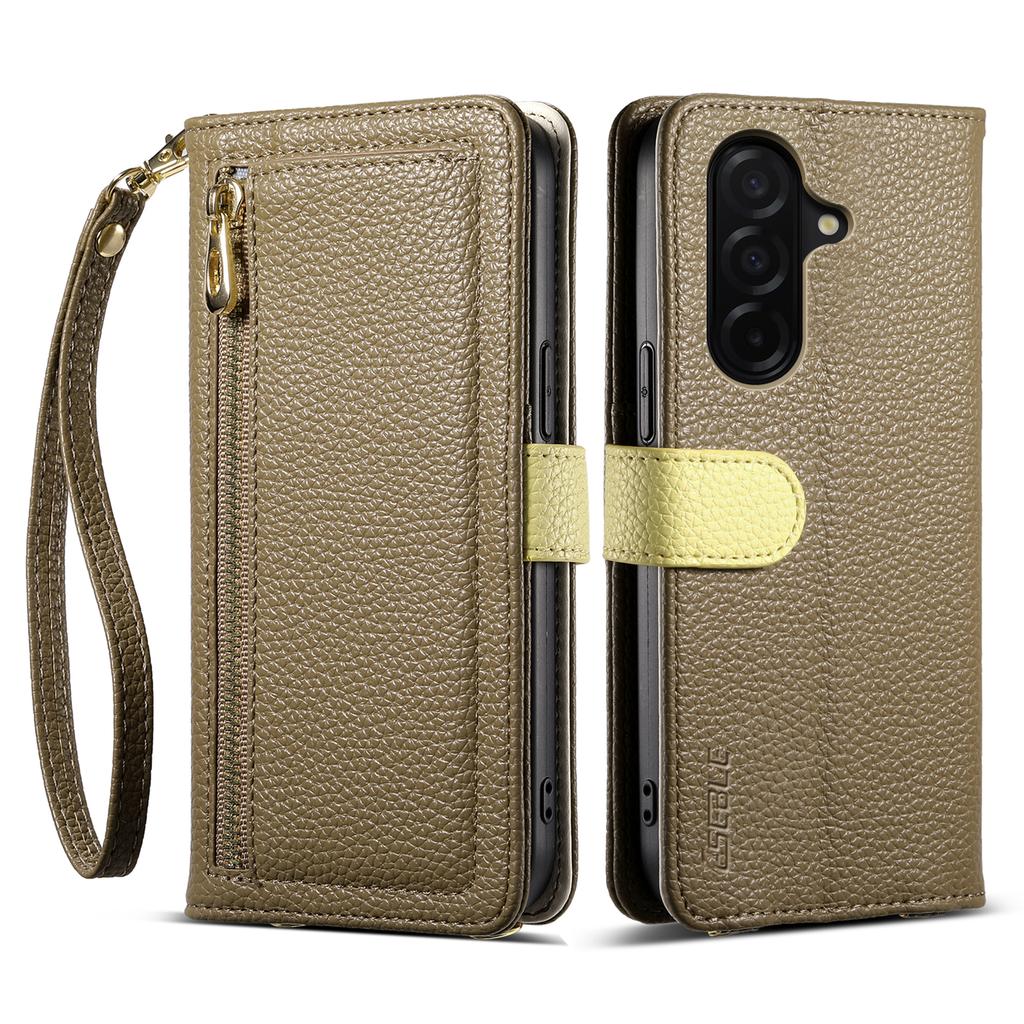 ESEBLE E11 For Samsung Galaxy S25 FE Case Zipper Pocket Litchi Texture Leather Phone Cover with Mirror and Wrist Strap